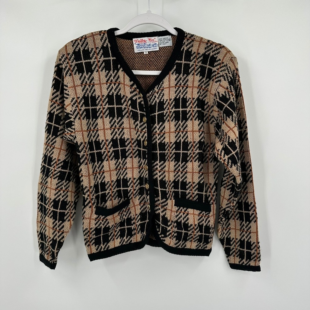 Vintage Preppy Plaid Houndstooth Cardigan Size S Sweater Academia Librarian 90s